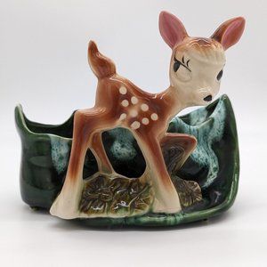 Vintage Deer Doe Bambi Planter Pottery Green Brown Some Inside Wear Base Chips